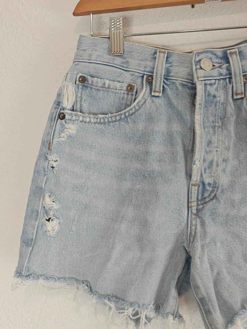 Agolde Parker Long Distressed Denim Shorts 24 High Rise Raw Hem Button Fly